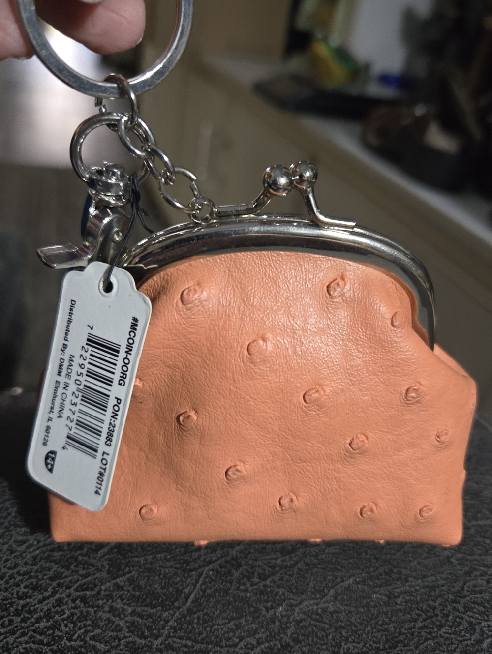 Compact Orange Faux-Ostrich Kiss-Lock Coin Purse Keychain, 4"×3"×1.5"